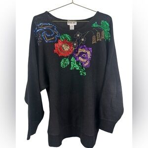 Victoria Jones floral sequin vintage dolman sleeve knit sweater size large